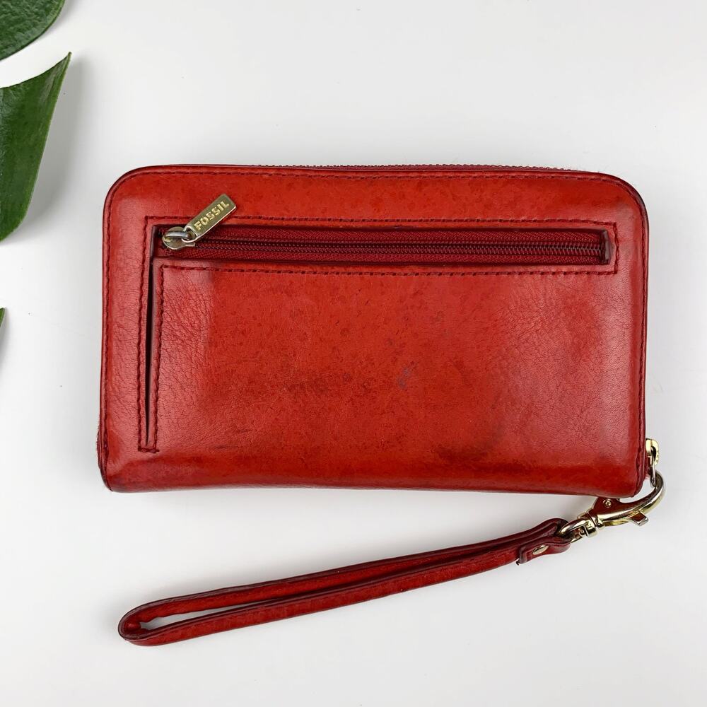 Fossil Red Leather Wallet Zip Around Wristlet Strap - Picture 4 of 8